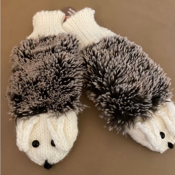 Brand New Furry Animal Mittens…All Knit…Hedgehogs..One black and one brown - Picture 3 of 5